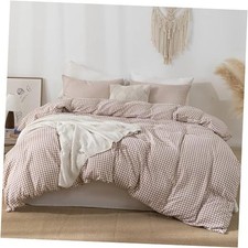 Duvet Cover Bedding Set Prewashed Extra Soft Queen 90" x 90" Tan Gingham