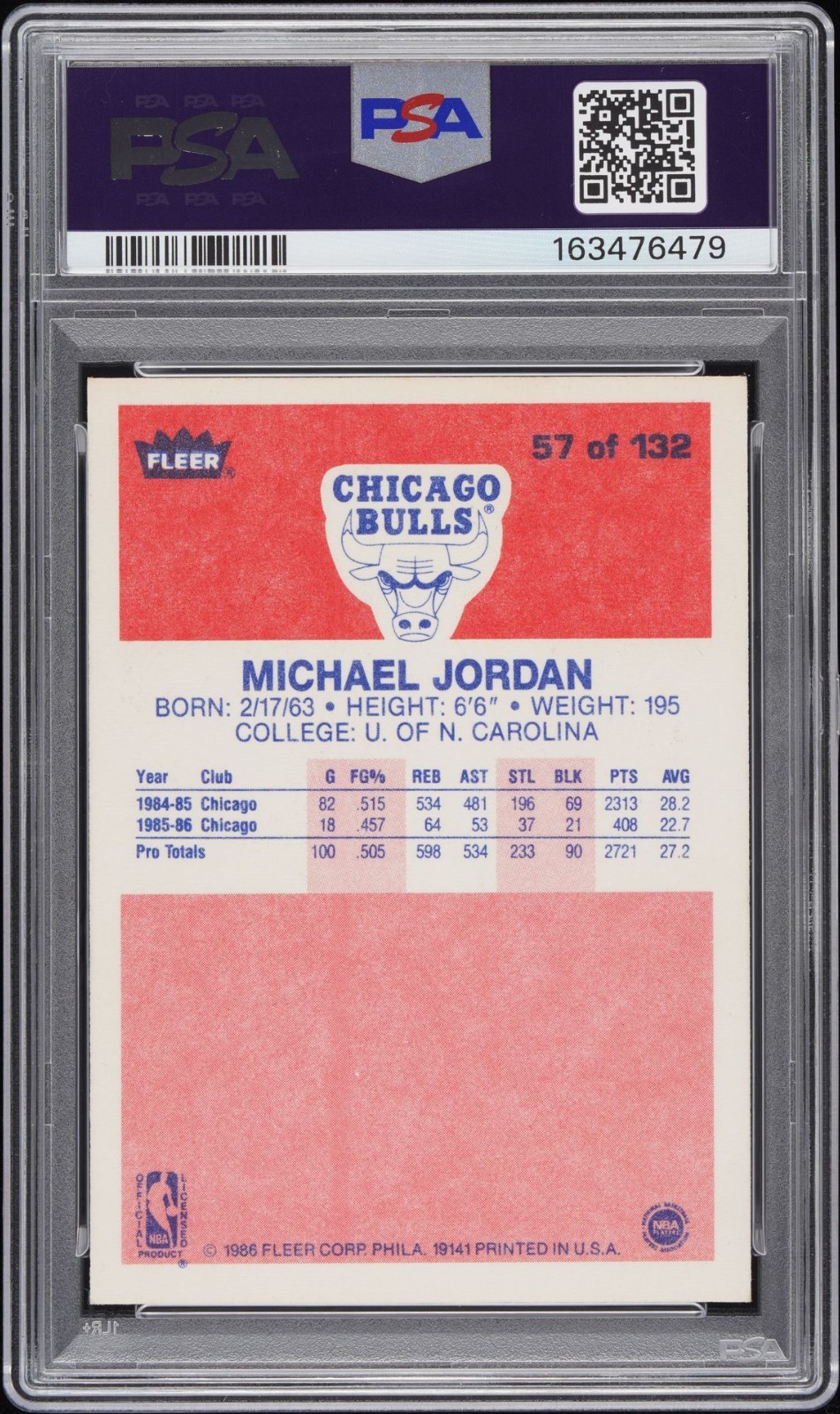1986-87 FLEER NBA BASKETBALL MICHAEL JORDAN #57 ROOKIE RC PSA 7 GREAT EYE APPEAL view 2