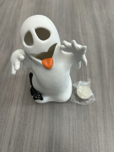 Vintage Unglazed Ceramic Halloween Ghost Figurine Candle Holder With Black Cat - Picture 2 of 11