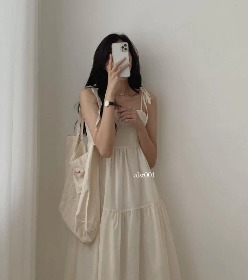 OFF WHITE Abito estivo alla moda coreana senza maniche stringhe nero casual abito midi