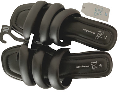 TIME AND TRU MEMORY FOAM Black 3 Band Flat Heel Slide Sandals Sz 10