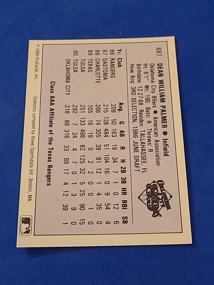 1990 Dean Palmer ROOKIE RC ProCards #687 - Image 2 of 2