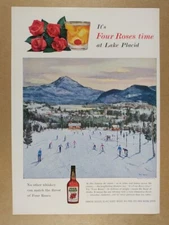 1955 Four Roses Whiskey Lake Placid Skiing color art vintage print Ad