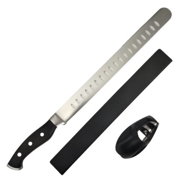 Master Maison Supreme 12'' Granton Slicer Knife W/ 2-Stage Knife Sharpener Guard