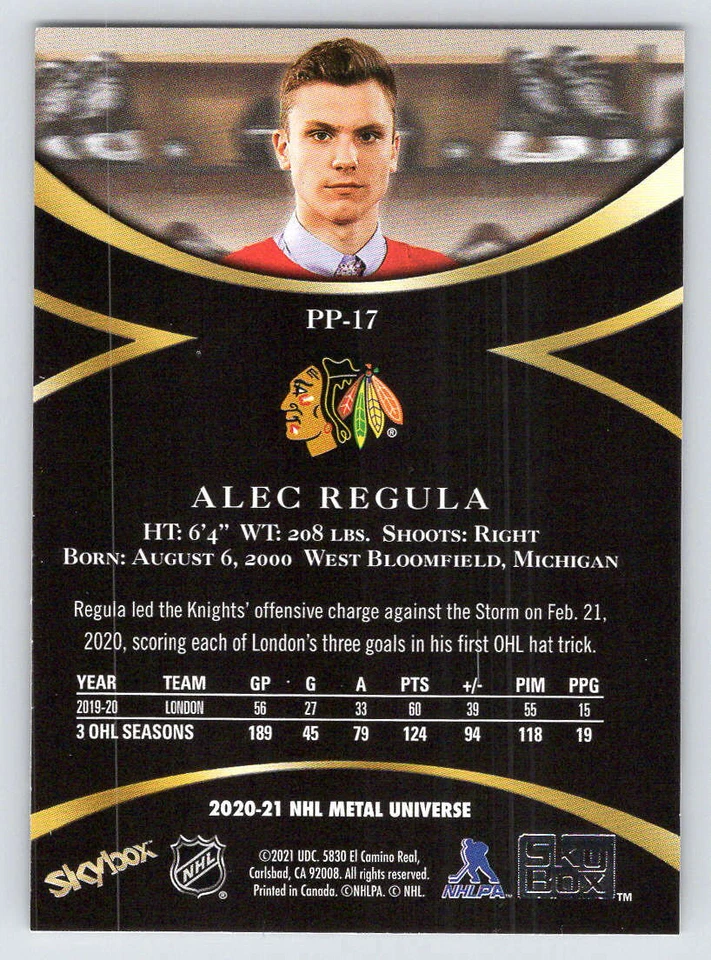 2020-21 Metal Universe Skybox Premium Prospects #PP17 Alec Regula (ref 222163) - Image 2 of 2