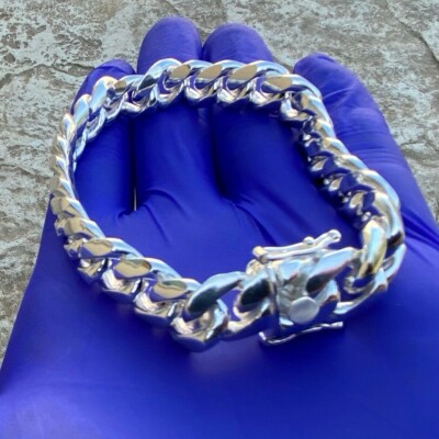 Miami Cuban Link Bracelet For Men - 12mm Grey Stainless Steel, Classic Chain, 8.66 Inches