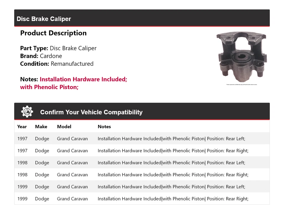 Pinza de freno de disco Cardone 1998 para Dodge Grand Caravan 1997-1999 Foto 2 de 4