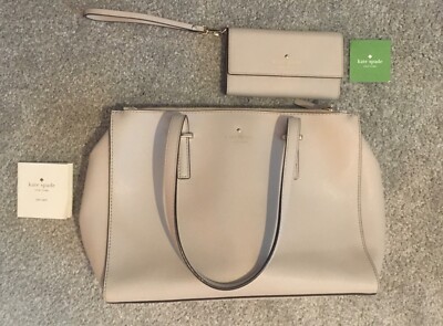 Kate Spade beige multi compartment tote with matching Kate Spade mirrored wallet