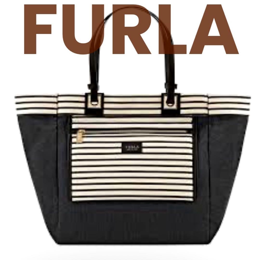 FURLA Striped Design Leather Handle Denim Tote Bag