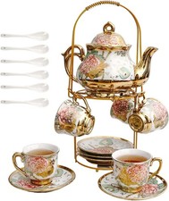 20 Pieces European Vintage Ceramic Tea Set with Metal Cup Holder, Adult Tea Set,