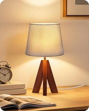 Tripod Table Lamp, 14.6" Small Bedside Lamp with Gray Linen Shade Gray Pearwood