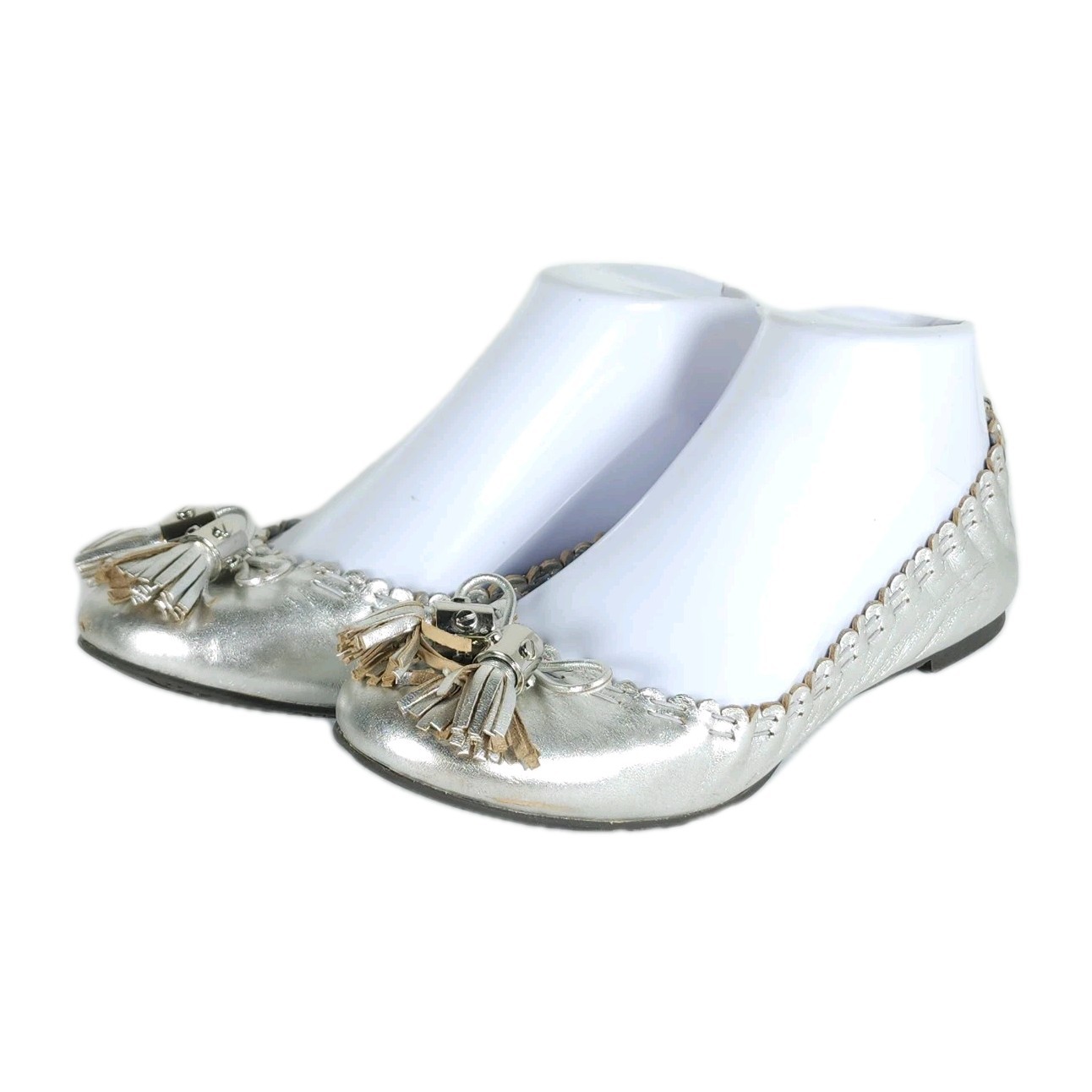 TORY BURCH Women's Reese US 6,5M Silver Leather Tassels Logo SlipOn Ballet Flats