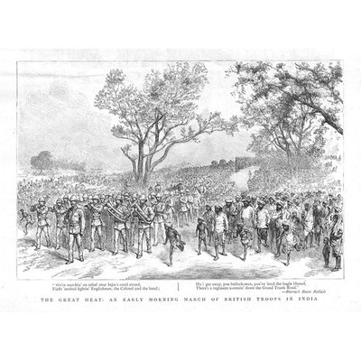 Indien Ein früher Morgenmarsch der Truppen in Indien - antiker Druck 1892