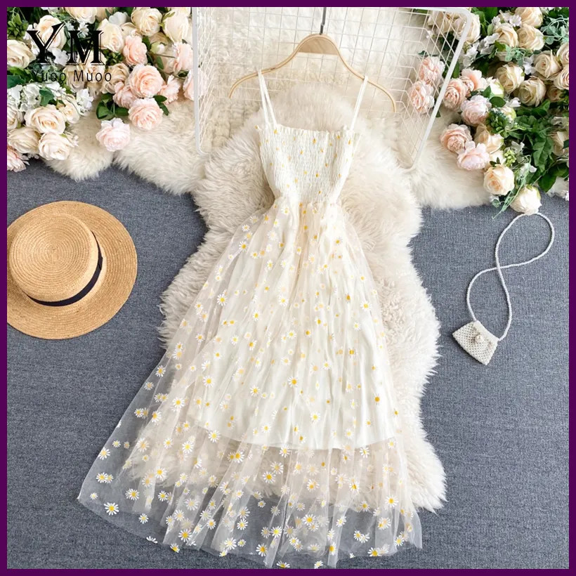 YuooMuoo Vestido de fiesta de malla con estampado de margaritas y flores de moda
