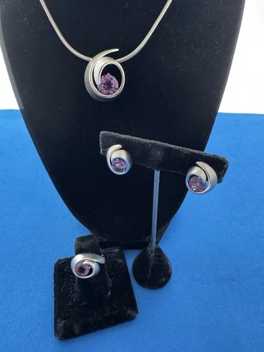 Vintage Jewelry Set Sterling Silver Breuning Bracelet Ring Pendant Necklace 3 Pc