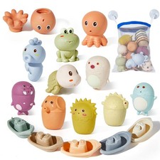 Animal Bath Toys with Floating Boats for Toddlers 1-3, 15 PCS Mold Free Batht...