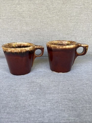 VTG Hull Pottery Oven Proof USA Brown Drip Glaze Coffee Mugs Cups Set Of 2 Notes