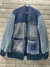 Granny Square Crochet Cardigan One Size Oversized Gradient Blue Handmade Pockets