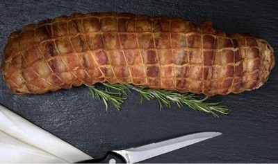 Bacon wrapped Tenderloin stuffed with Shrimp, Andouille & Pepperjack