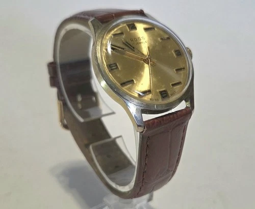 Vintage mid-century retro ROSS Swiss made 17J gents watch gold tone brown strap