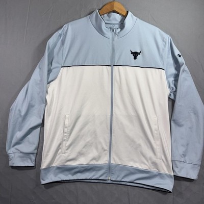 Under Armour Project Rock Track Jacket Mens 2XL Blue White Full Zip Colorblock