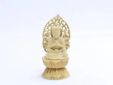 Boxwood 7Cm Senju Kannon Buddha Statue Japan #KU1632