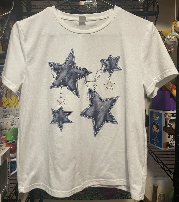 Girls White Tshirt Blue Stars Design Size 14/16