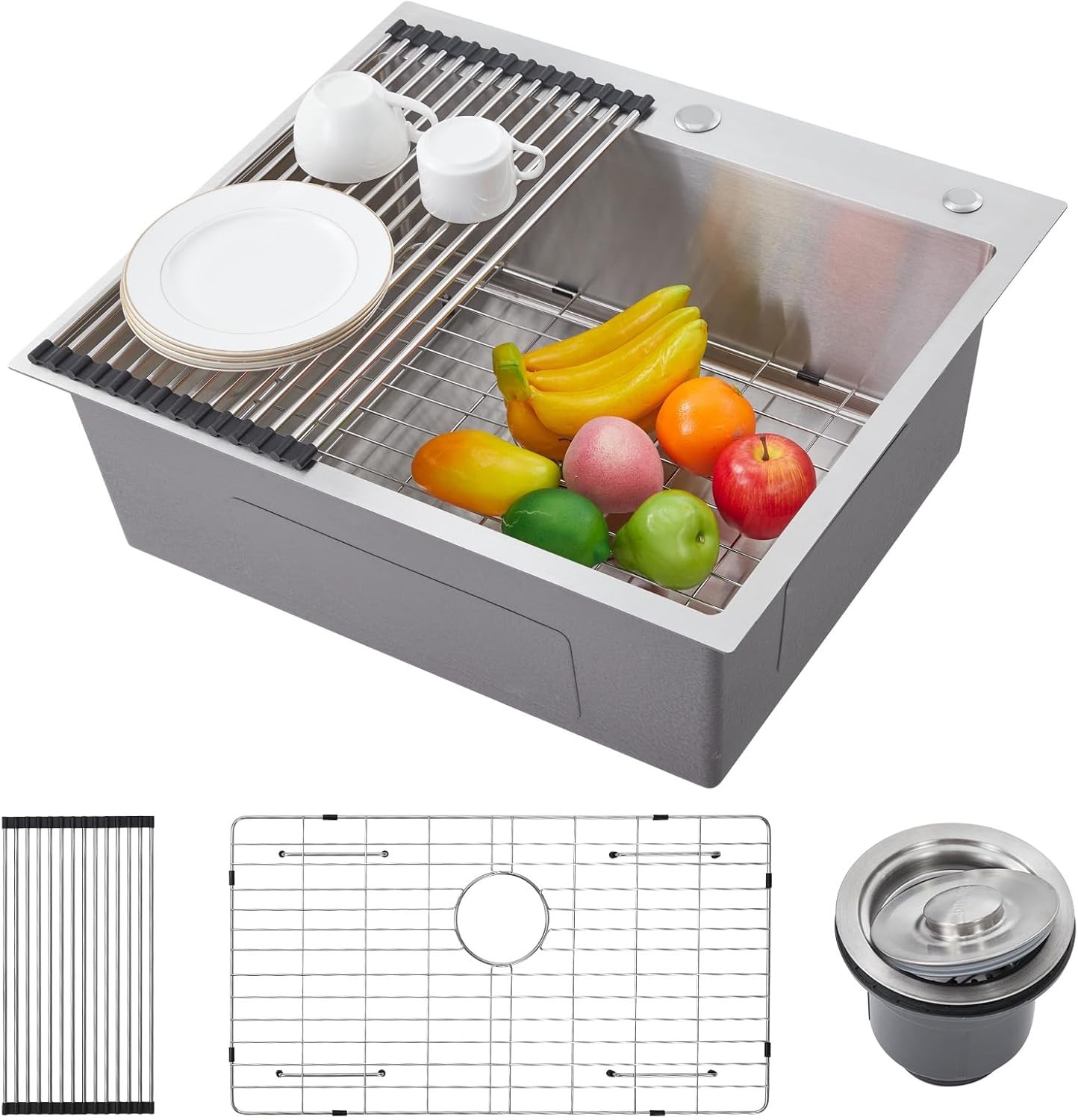25x22in Drop-In Kitchen Sink,Stainless Steel Single Bowl with Grid & Accessories