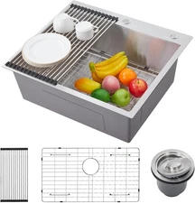 25x22in Drop-In Kitchen Sink,Stainless Steel Single Bowl with Grid & Accessories