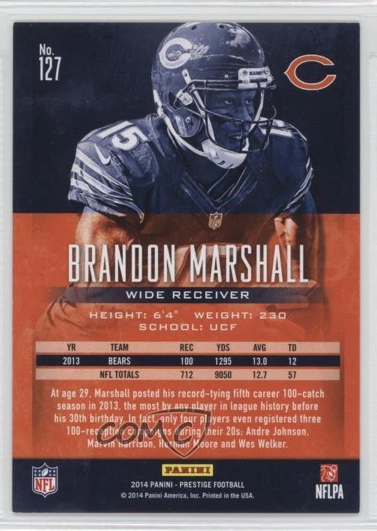 2014 Panini Prestige Extra Points Purple /100 Brandon Marshall #127 - Image 2 of 2