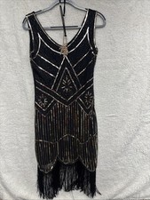 Black beaded party dress S embellished sleeveless fringe flapper Gatsby W/head