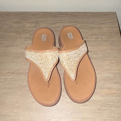 FitFlop Women's Woven Thong Slip-On Sandals Beige Brown Synthetic Comfort 10