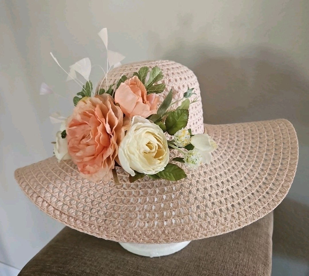 Gorgeous Custom Kentucky Derby Hat Peach Coral Ivory Flower  display picture 3