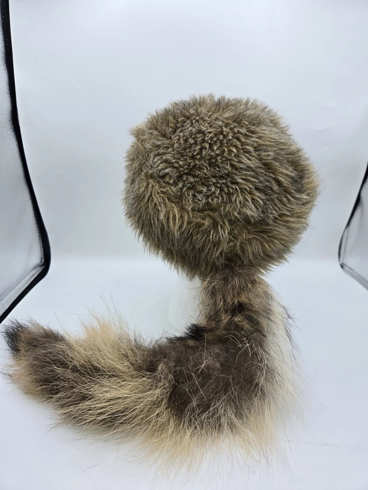 Daniel Boone Davey Crockett faux RACCOON TAIL HAT CoonSkin Cap Halloween Cosplay - Image 2 of 4
