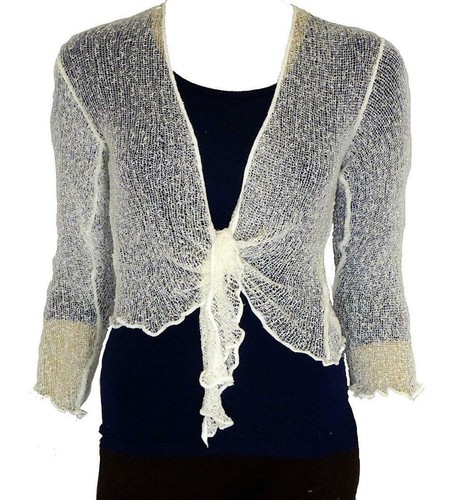 Women Bolero Knitted Tie Up Open Front Shrug Ladies 3/4 Sleeve Cardigan Top 8-14 - Picture 19 of 39