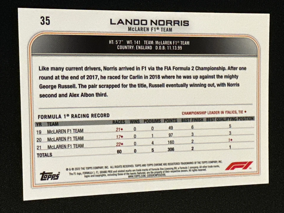 2022 Topps Chrome Formula 1 #35 Lando Norris - Image 2 of 2