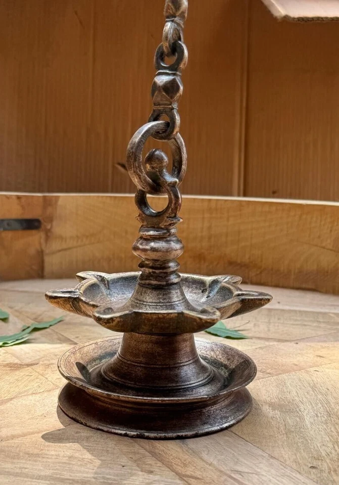 Antique Brass Hanging Diya Oil Light Lamp With Chain Original Old Fine Engraved - Image 4 of 4