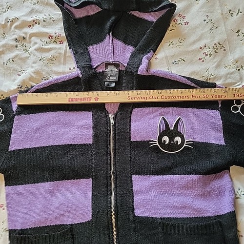 Anime VTG 90s Black Jiji cat Kikis sweater striped purple Kitty Zip XS Ghibli - Picture 14 of 22