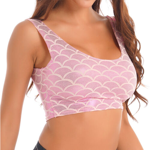 FEESHOW Women Shiny Mermaid Sleeveless Scoop Neck Crop Tank Tops Casual Sports - Picture 27 of 88