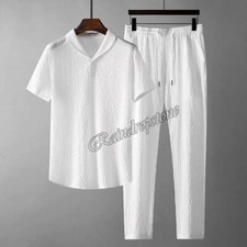 Men's 2 PC Walking Suit Short Sleeve Casual Shirt  Pants Set Solid Color Summer