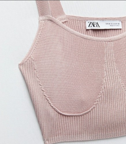 ZARA blassrosa geripptes Strick Träger Crop Top Größe L NEU - Bild 6 von 14
