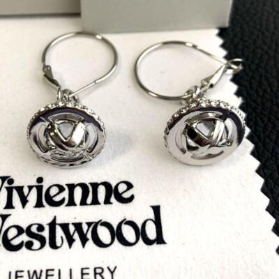 Vivienne Westwood Earrings Crystal Swing Orb Silver Clear w/Pouch