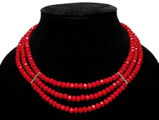 Vintage Multi Three Strand Faceted Cherry Red Glass Bead Beaded Collar Necklace