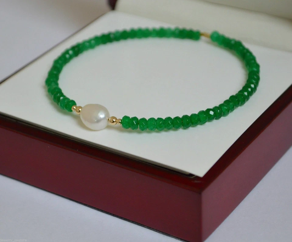 Natural Faceted Green Emerald South Sea Pearl 14K Yellow Gold Bangle Bracelet - Image 4 of 4