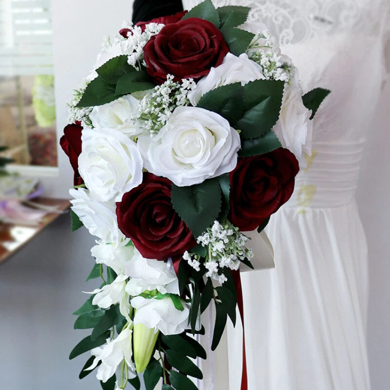 Sposa Bouquet Fiori di Seta Rosa Artificiale Goccia Forma Damigella Lusso Decor - Immagine 4 di 4