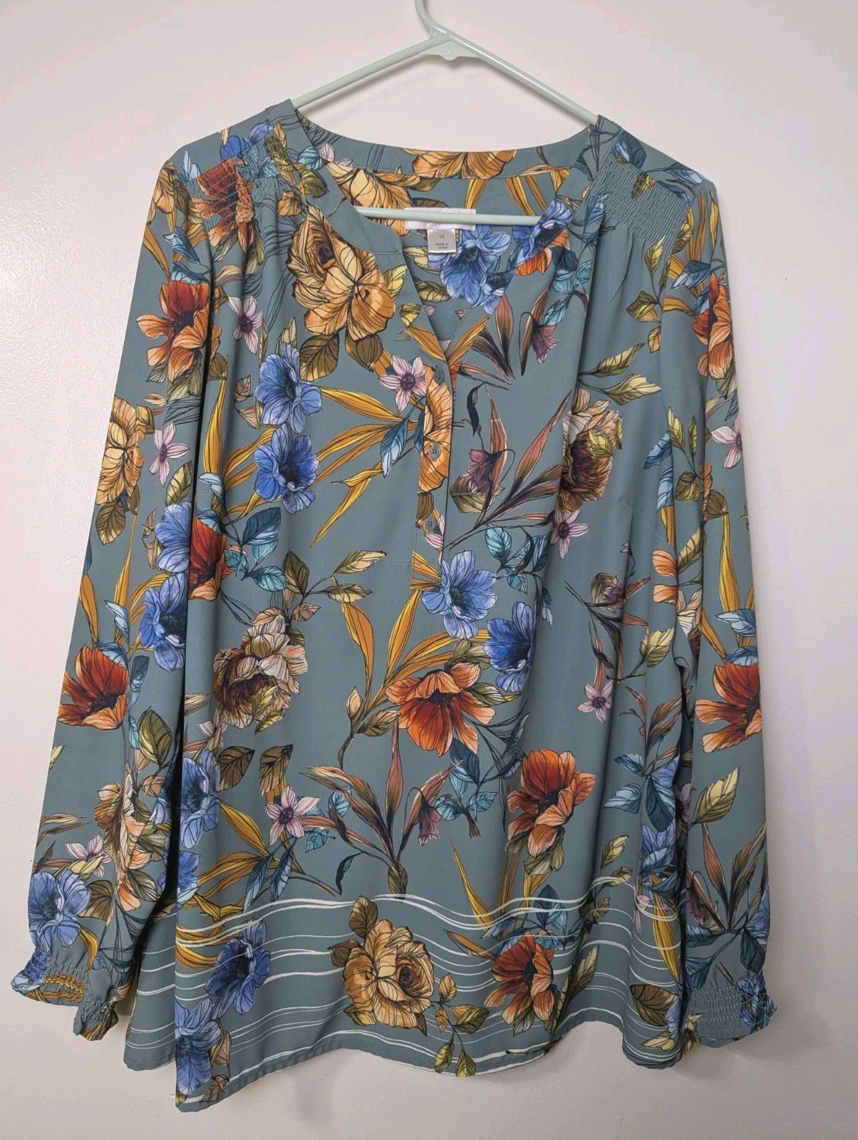 CJ Banks Top Women's 1X Green Multi Color Floral Popover Blouse Long Sleeve