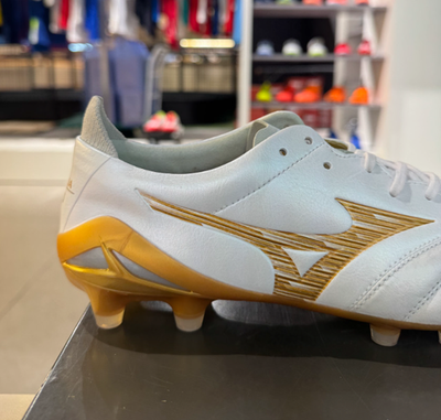 Mizuno Morelia Neo IV Elite MD Soccer Cleats White Gold Cool Grey