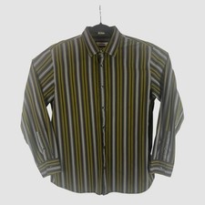Calvin Klein Mens Large Modern Fit Yellow Gray Striped Dress Shirt Cotton