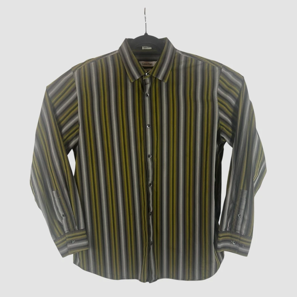 Calvin Klein Men’s Large Striped Olive Black Long Sleeve Button Up Dress Shirt - Image 3 of 4