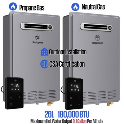Propane/Natural Gas Outdoor Tankless Water Heater 26L 8.1 GPM 180,000 BTU CSA